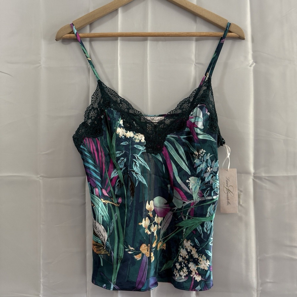 LINEA DONATELLA Cami Camisole M Lingerie‎ Satin Floral Teal Lace Trim Sexy New